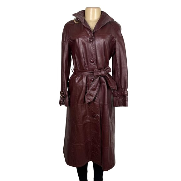 Tfc Women Maroon 100% Genuine Leather Belted Trench Coat Lined With Rayon Sz 8 - Picture 2 of 16